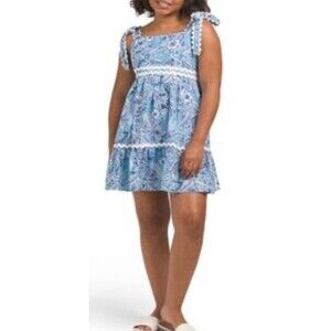 Stellah Women Blue White Floral Scallop Trim Mink Dress Shoulder Tie Pocket Sz M